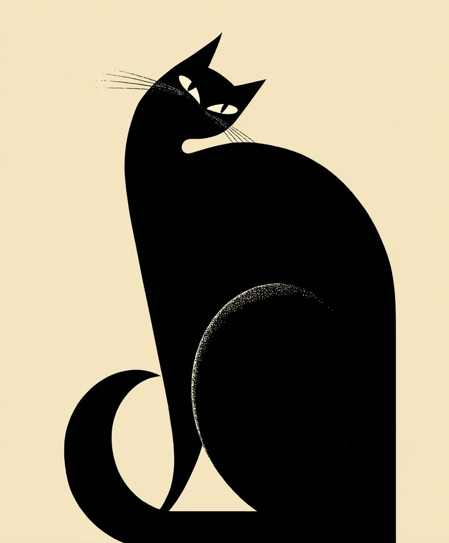 Minimalist matchbox label featuring a stretching black cat