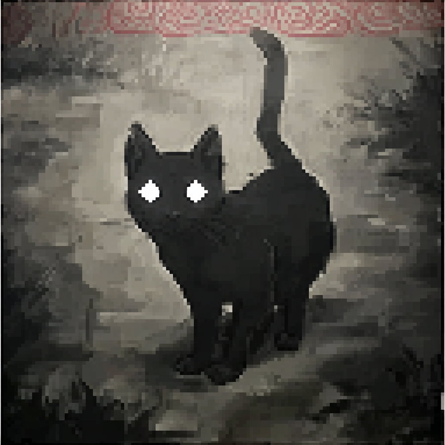 Black cat with lace-patterned glowing eyes in dark setting