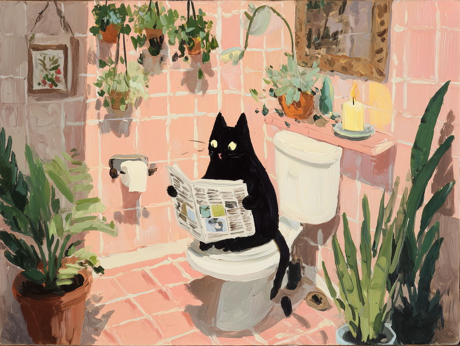 Black cat reading newspaper on toilet in pink bathroom
