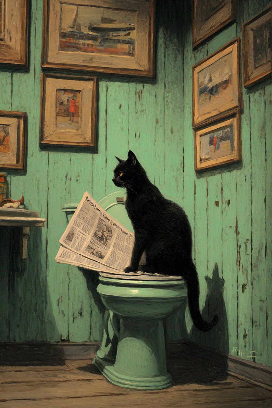 Black cat reading newspaper on toilet in vintage bathroom