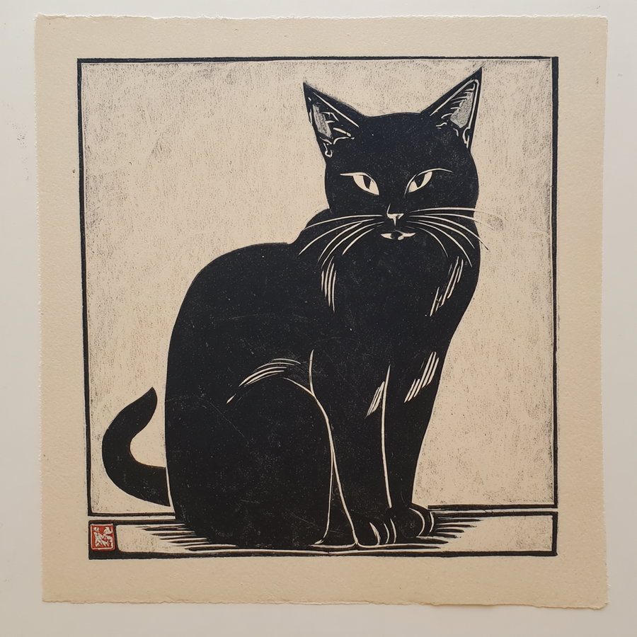 Black cat sitting and gazing at viewer in lino print