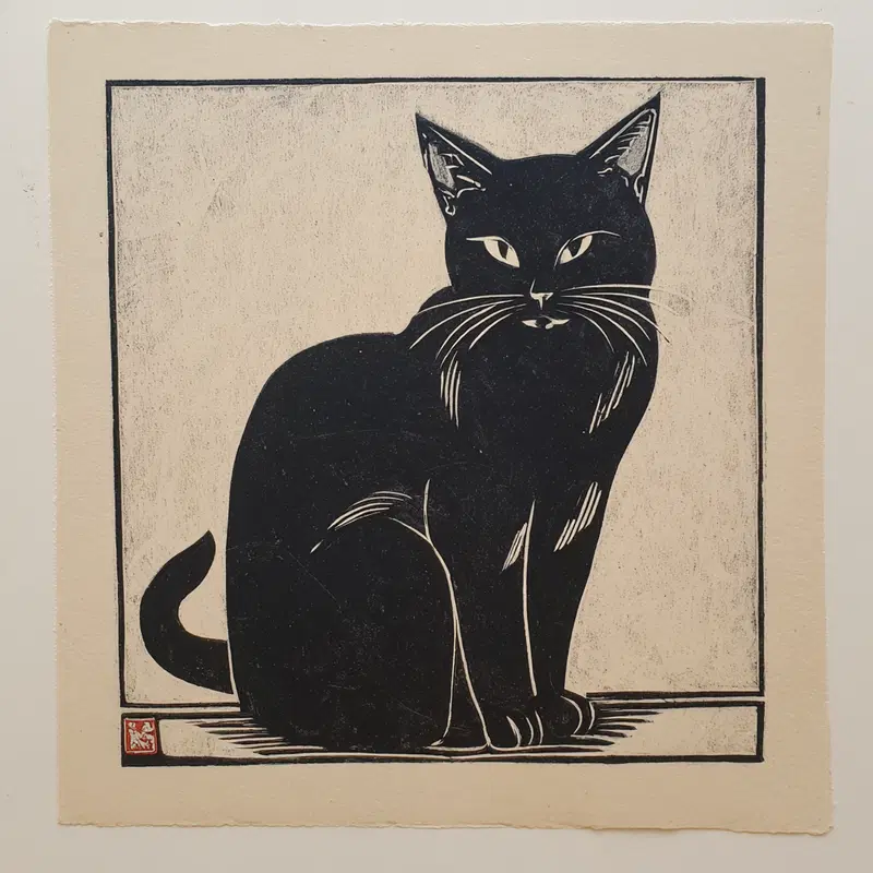 Black Cat Lino Print Wall Art for Cat Lovers Decor