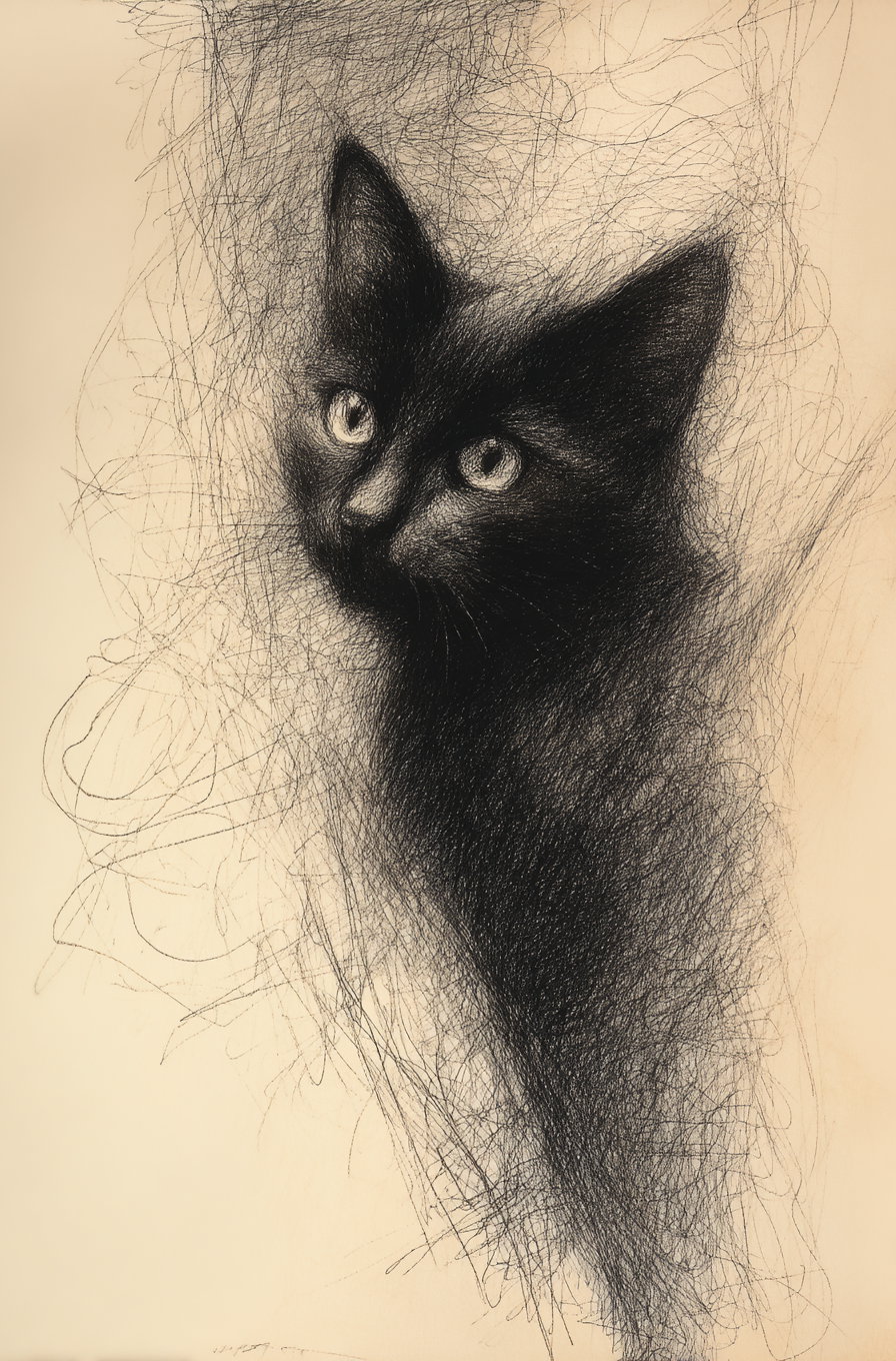 Black cat with tilted head in abstract pencil sketch