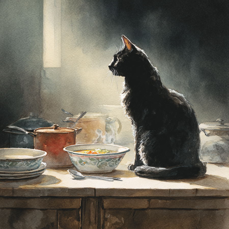 Black cat on table gazing at soup bowl