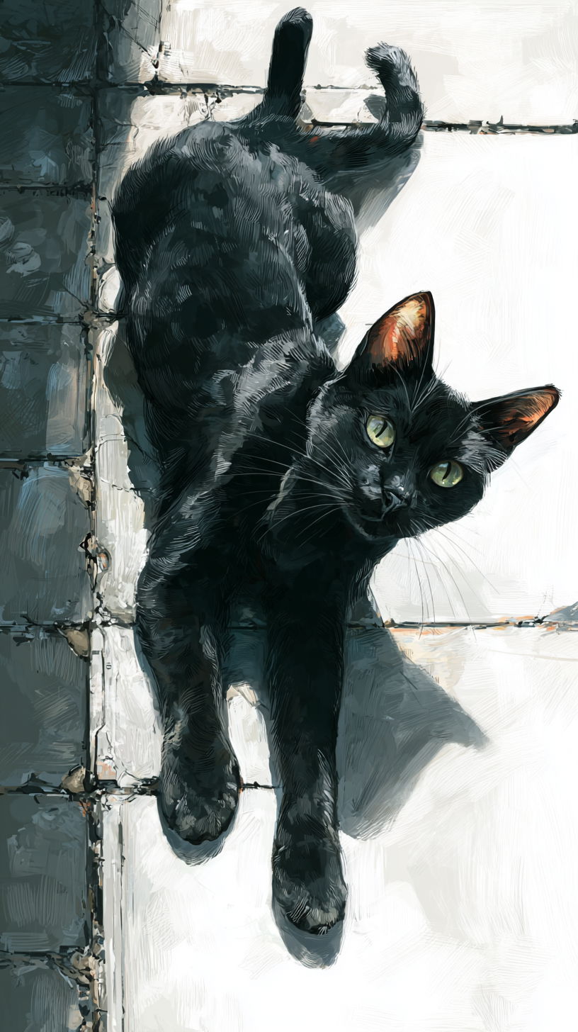 Black cat lounging on neon sign in watercolor art