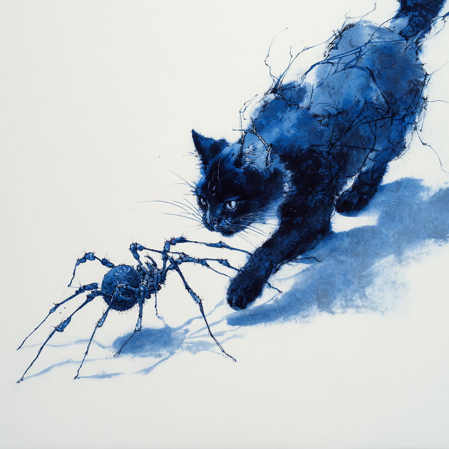 Black cat swipes at warrior spider in blue ink painting
