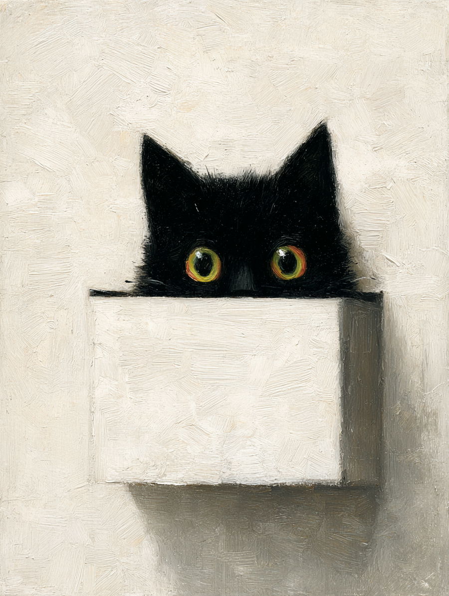 Black cat peeking from white box in Beatrix Potter style