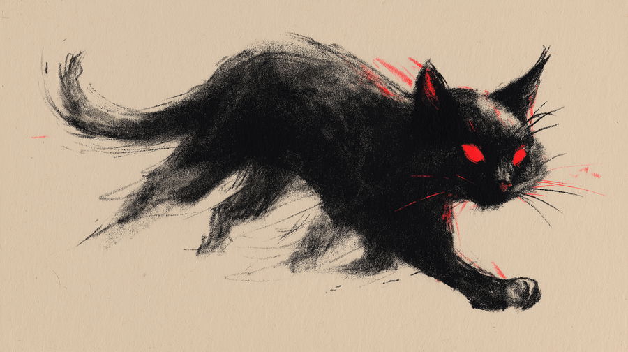Black cat with red eyes running in Cocteau-style sketch