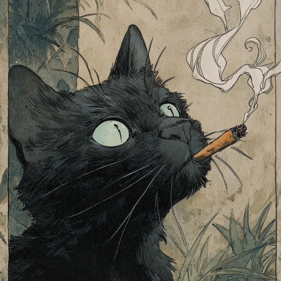 Close-up of a black cat smoking with grainy texture