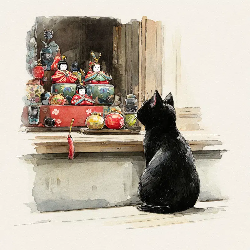Ghibli-Style Watercolor Art: Black Cat and Hina Doll Decor Ideas