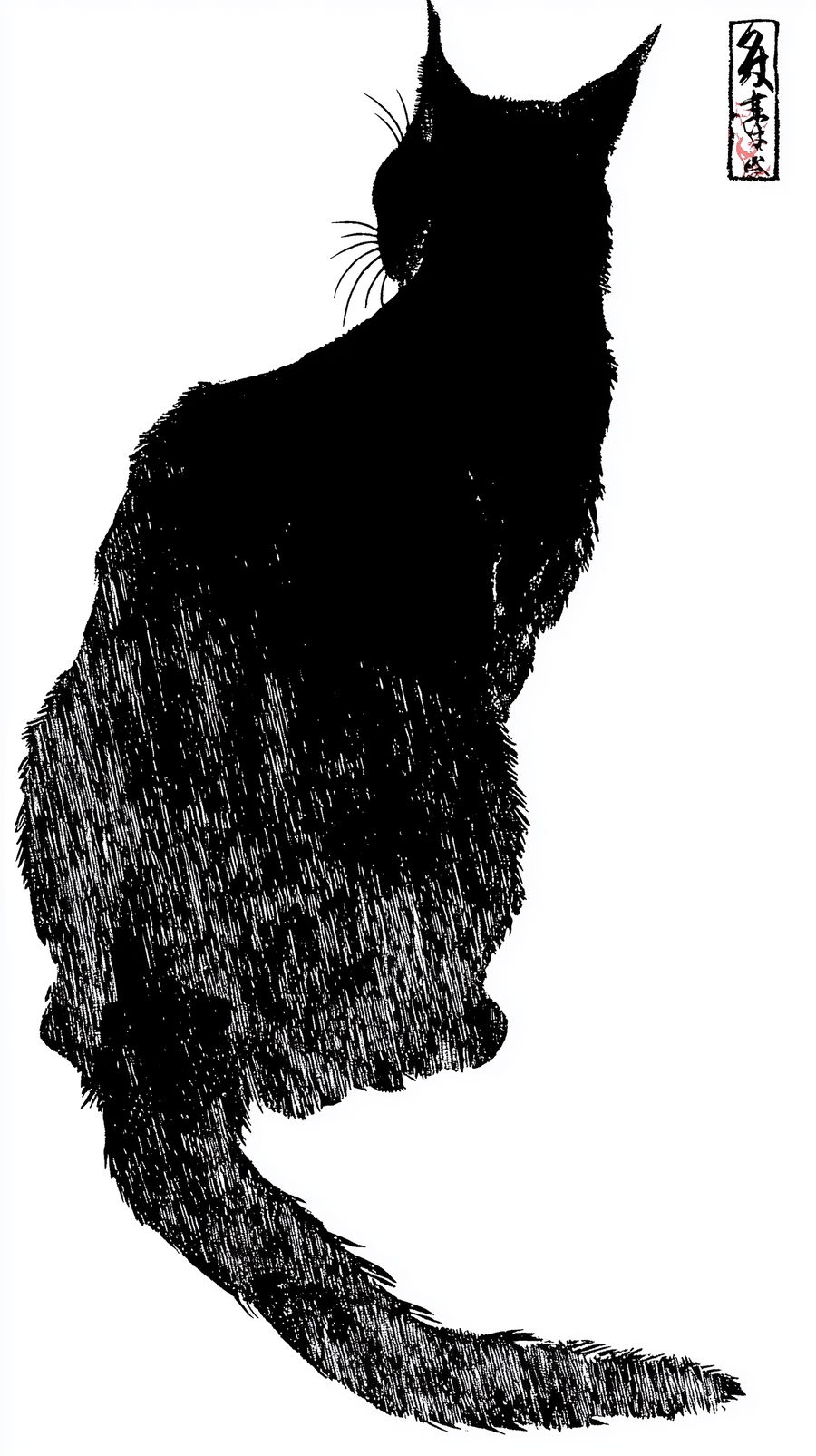 Black cat back view in Japanese woodblock print style