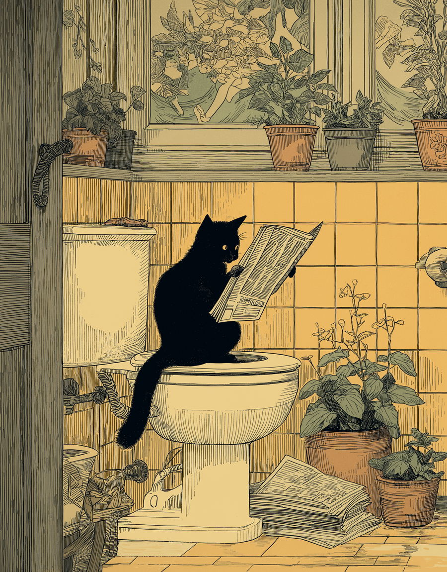 Black cat on toilet reading newspaper in vintage bathroom
