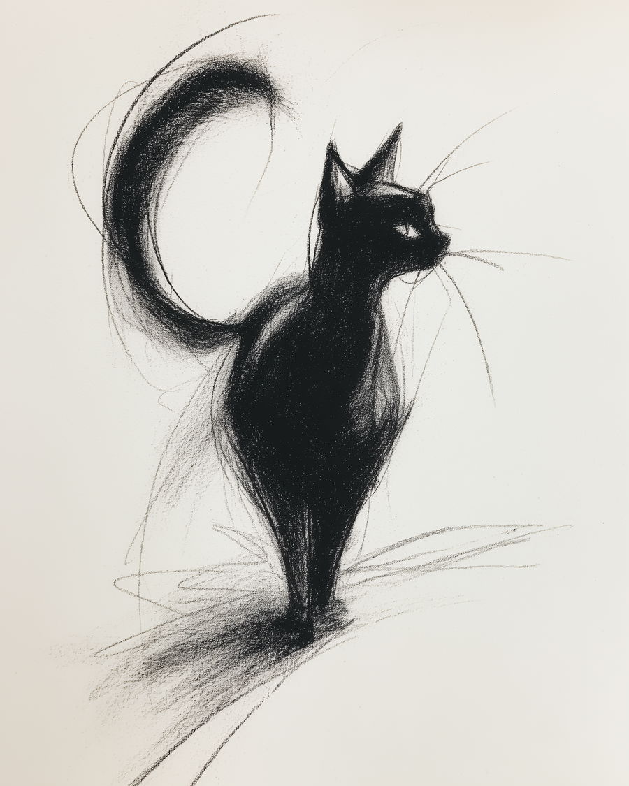 Black cat with raised tail in minimalist abstract style