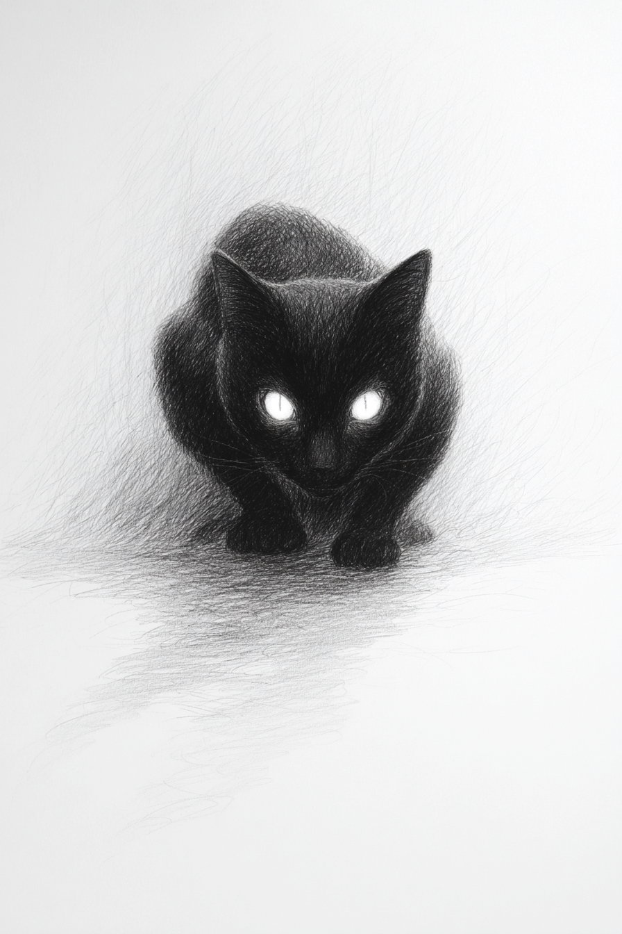 Menacing black cat crouching low with glowing eyes