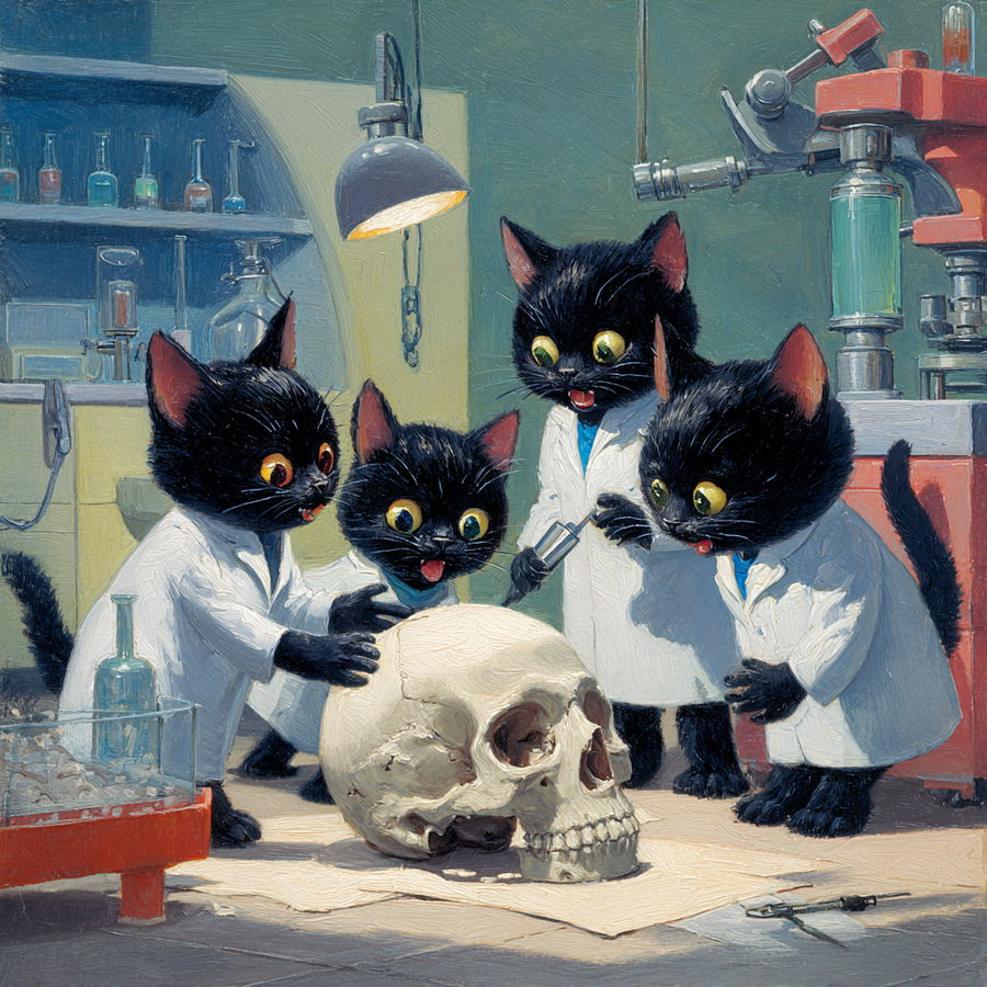 Happy black cats in lab coats examine skull in colorful lab