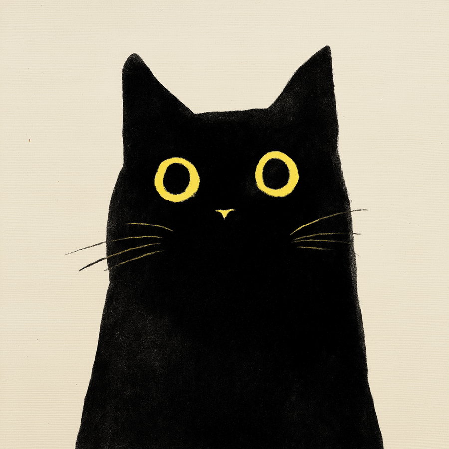 Black cat with yellow eyes on cream background minimalist art