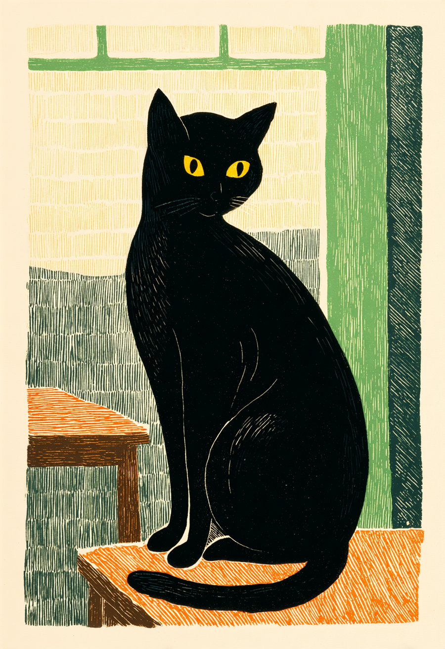 Anthropomorphic black cat with yellow eyes on a table