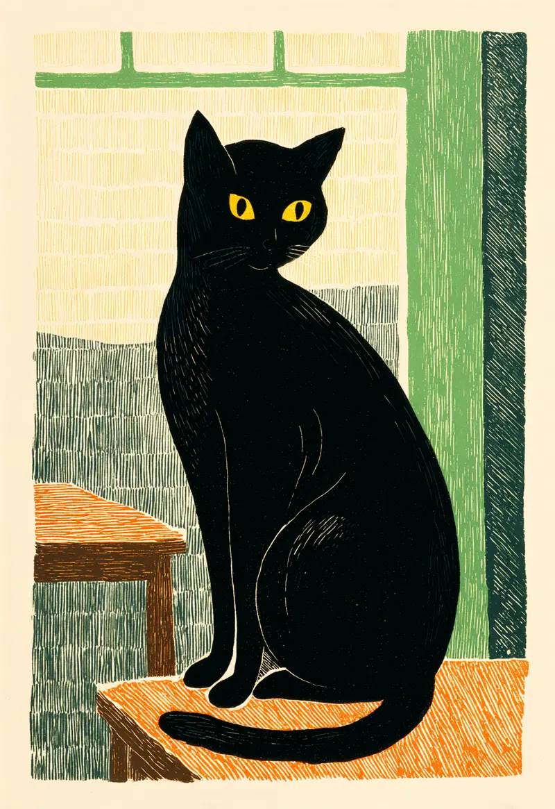 Anthropomorphic Black Cat Woodblock Print Art for Home Decor