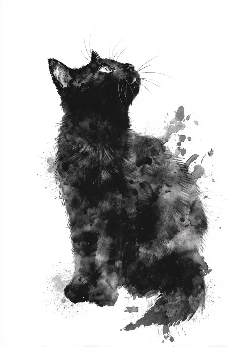 Traditional Chinese Ink Illustration of a Black Cat for Home Decor