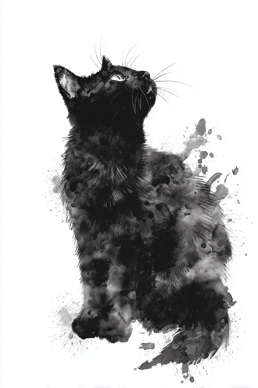 Black cat in traditional Chinese ink illustration on white background