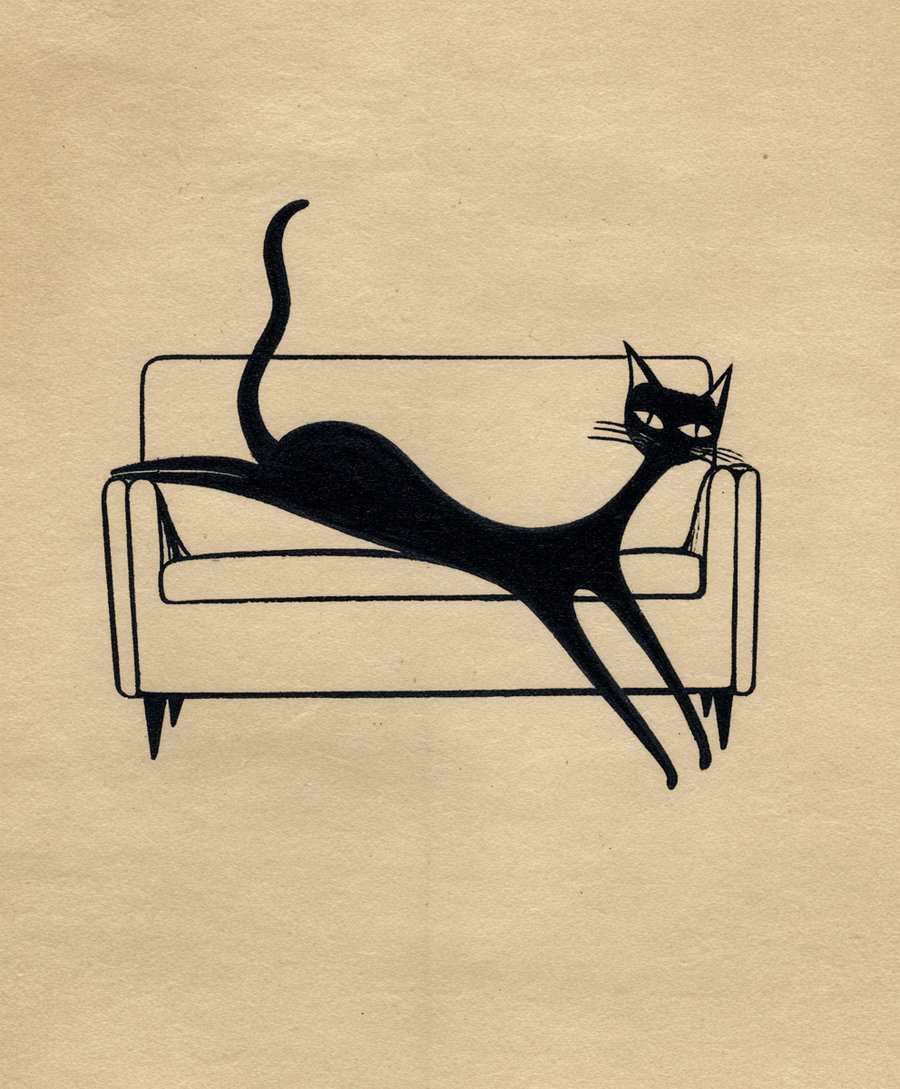 Minimalist Japanese matchbox label of a stretching black cat