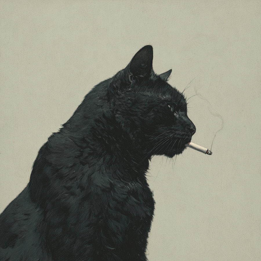 Black cat smoking a cigarette in colorful acrylic painting
