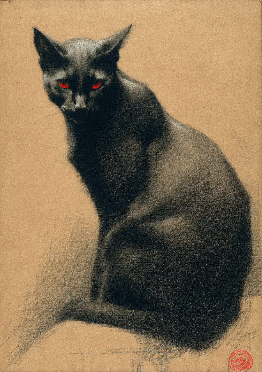 Black cat with red eyes sketched on cardboard background