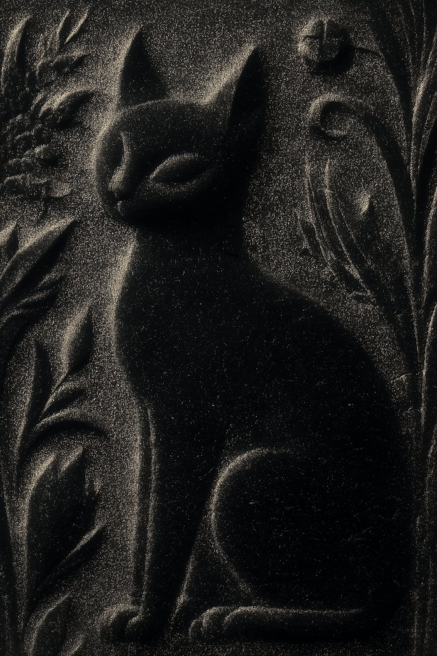 Black cat in a minimalistic medieval engraving style