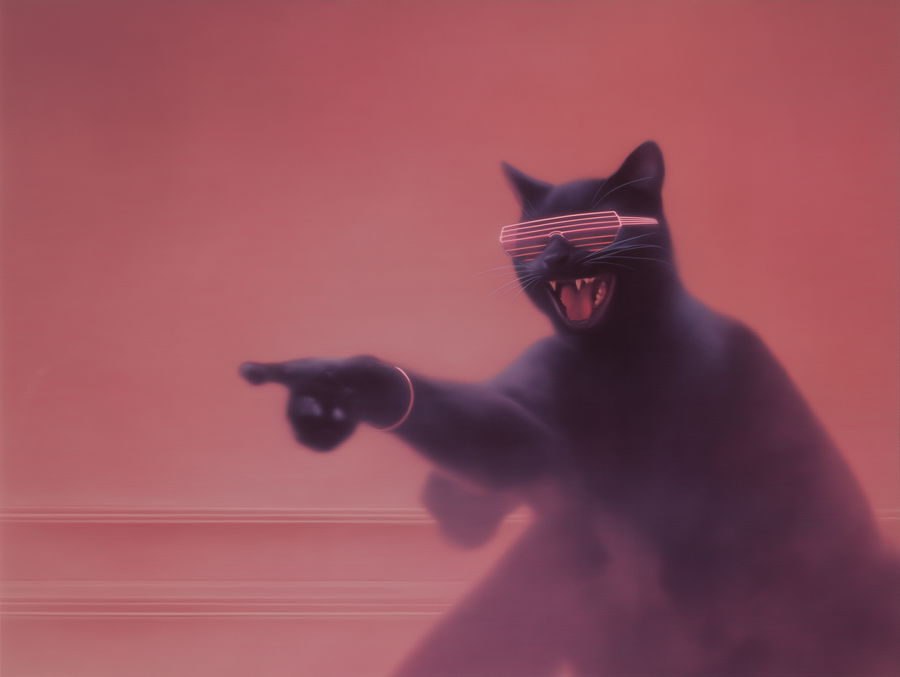 Black cat in neon sunglasses laughing and pointing at you