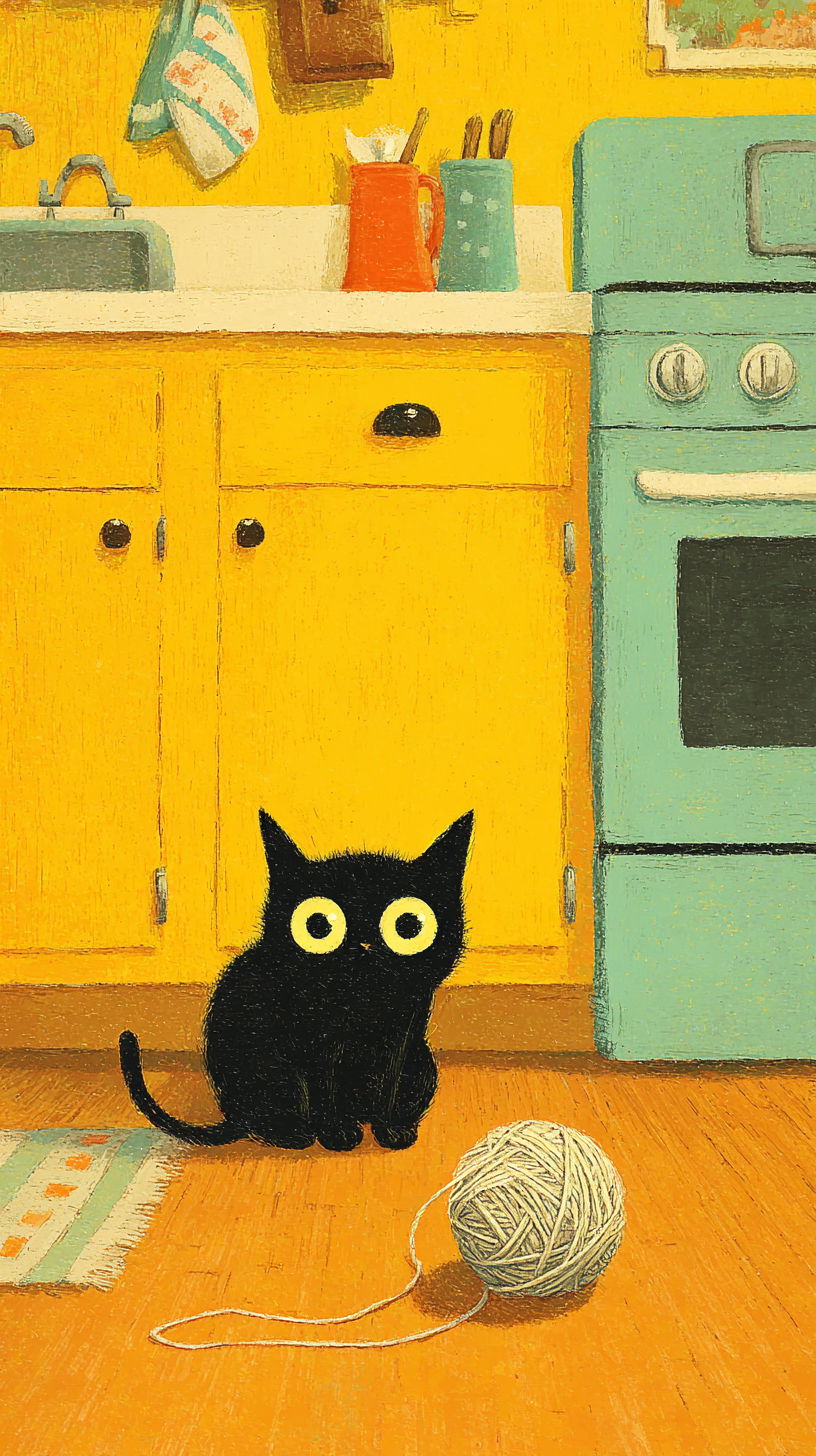 Black cat playing with wool ball in sunny yellow kitchen