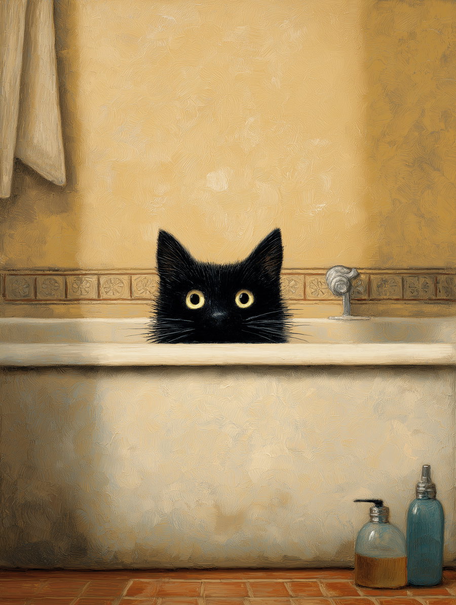 Black cat relaxing in a white bathtub filled with water