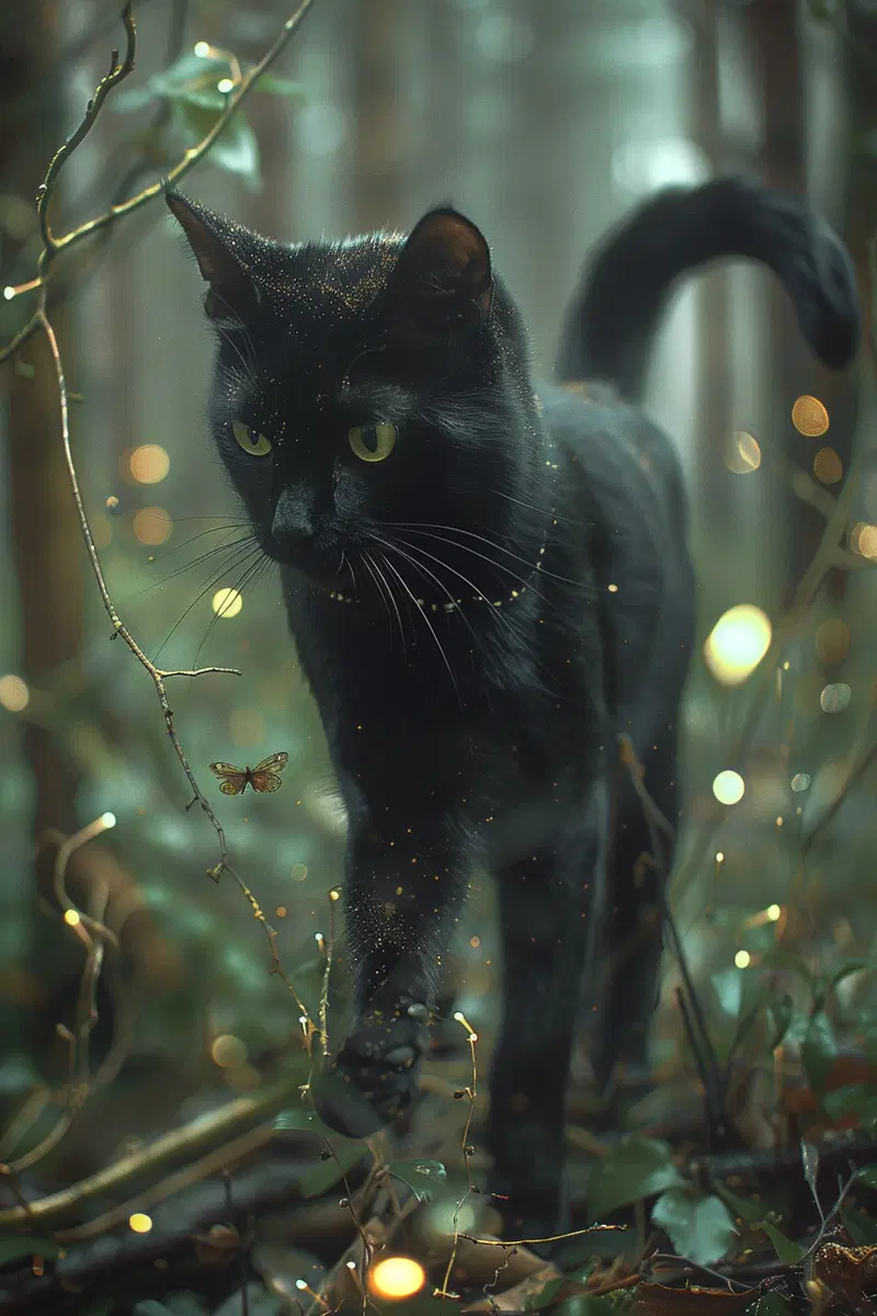 Enchanted Forest Night Scene with Black Cat and Fireflies
