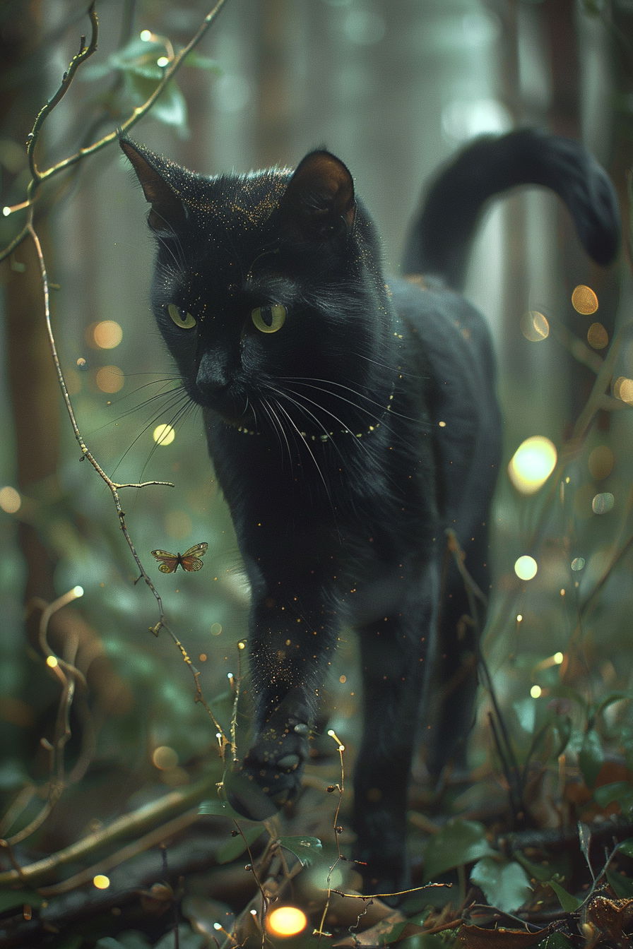 Black cat in enchanted forest with glowing fireflies and fog