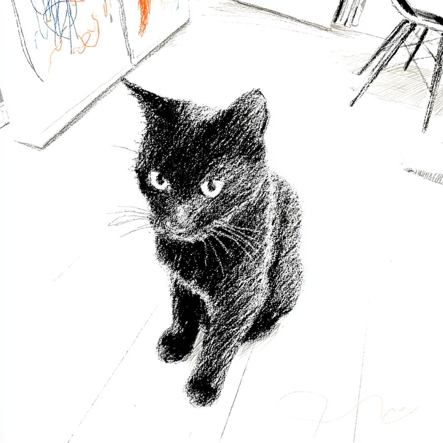 Sleek black cat on sunlit wooden floor with soft shadows