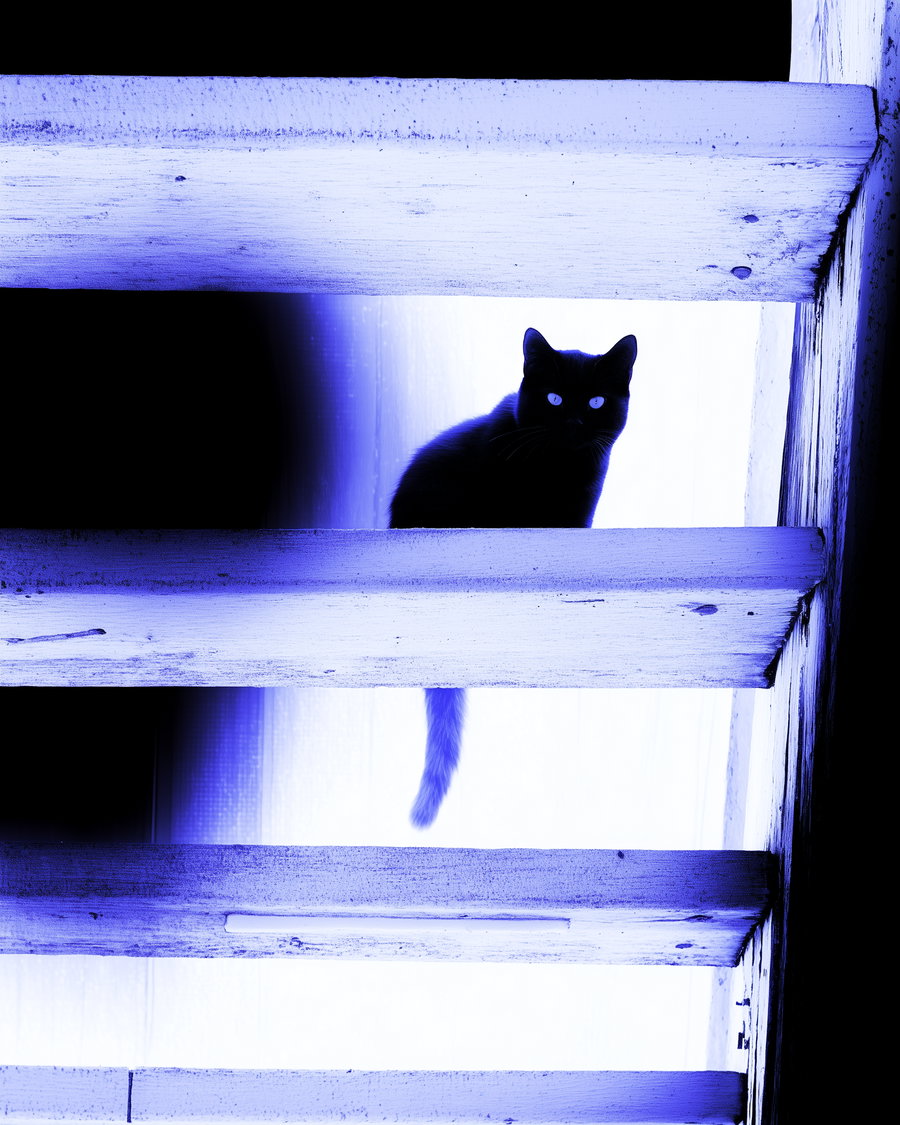 Close-up of a black cat between white beams