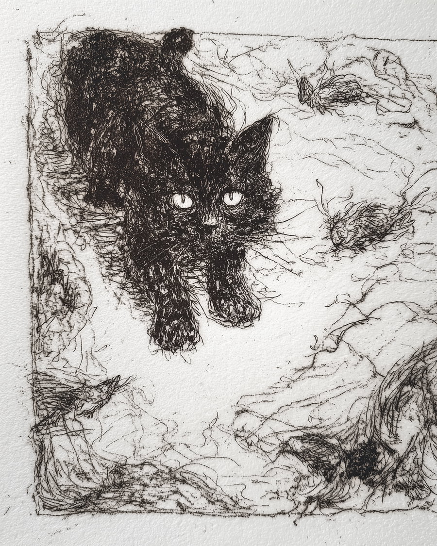 Black cat with red eyes chasing two mice on canal towpath