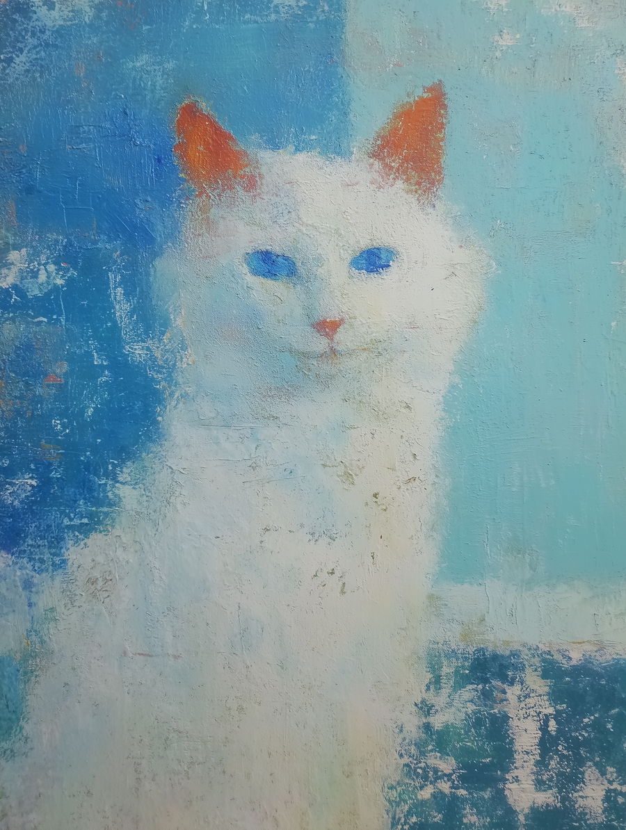 White fluffy cat with blue eyes in Bonnard style painting