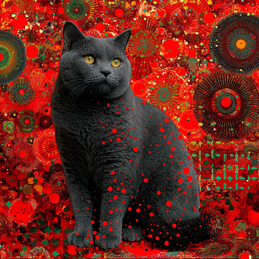 British blue cat amid retro clip art and sparkly background
