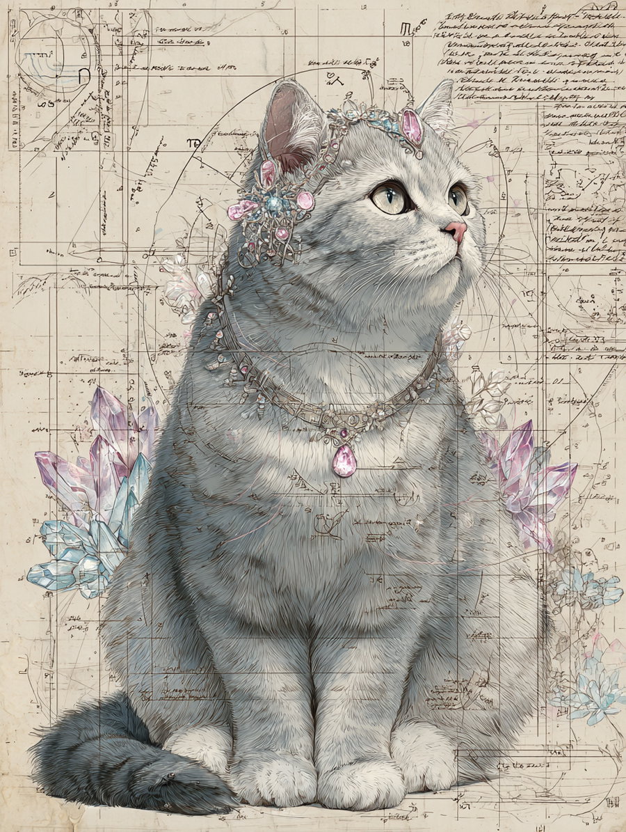 Anatomical illustration of a British Shorthair cat with rose quartz crystals