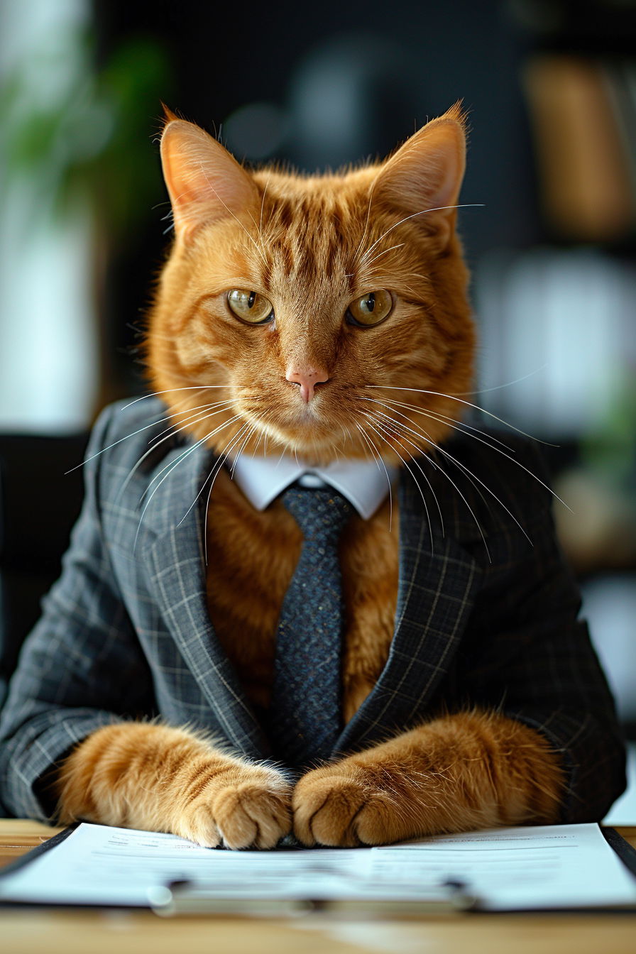 Business cat in suit signing documents at office desk