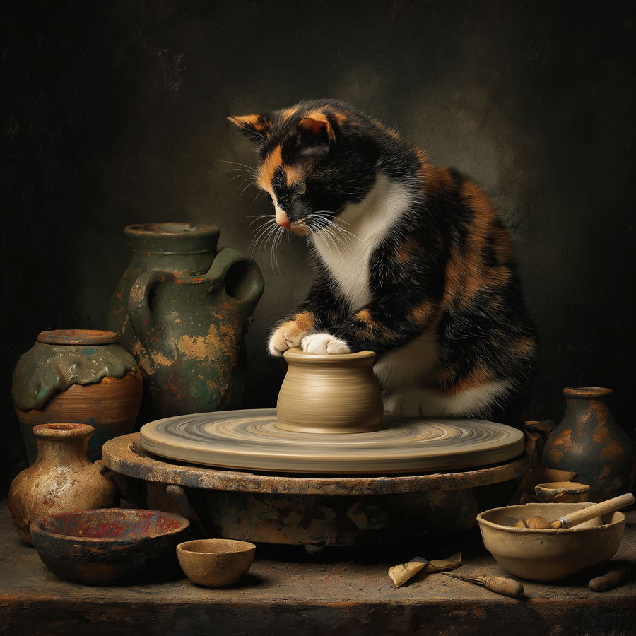 Calico cat crafting pottery on a ceramic wheel