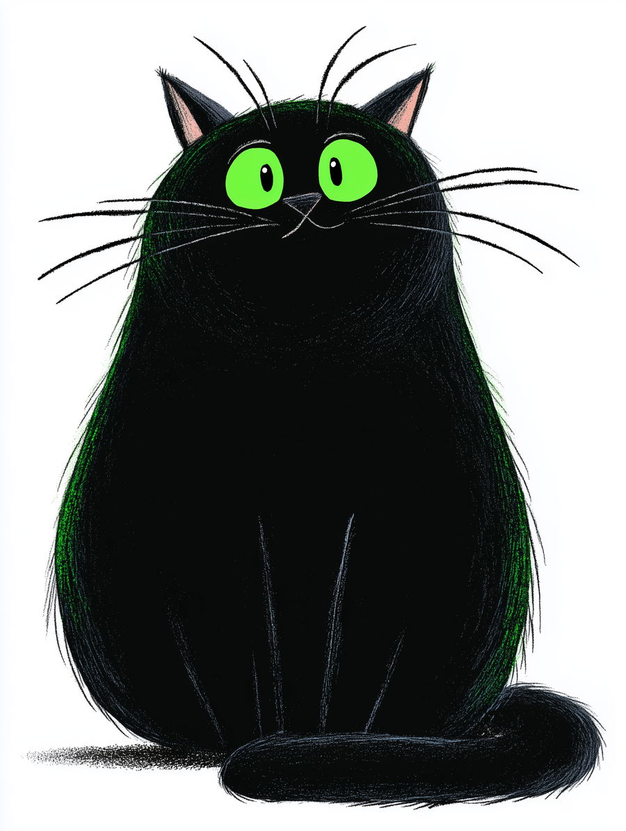 Cartoon black cat with green eyes and velvet ears