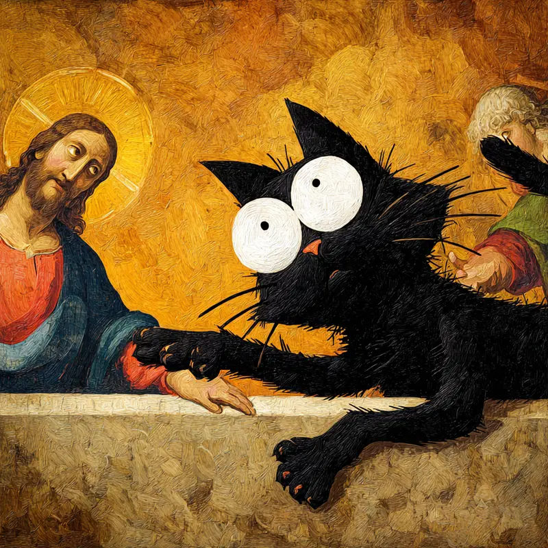 Playful Cartoon Cat Reimagining Michelangelo's Creation of Adam