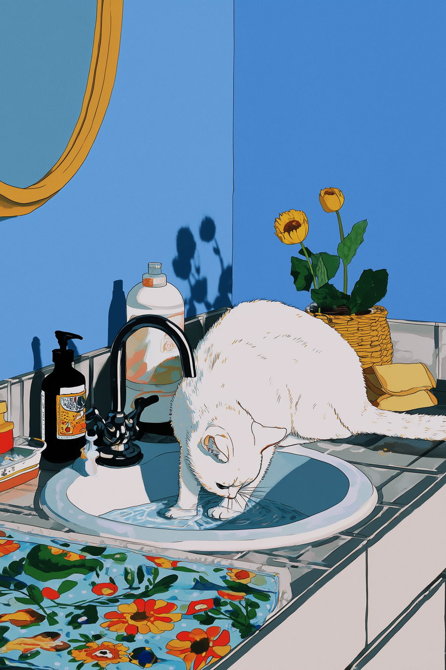 Cat washing its paws in a bathroom sink