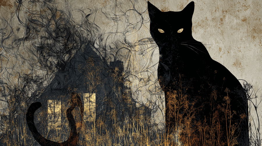 Cat calmly sitting amidst a burning house scene