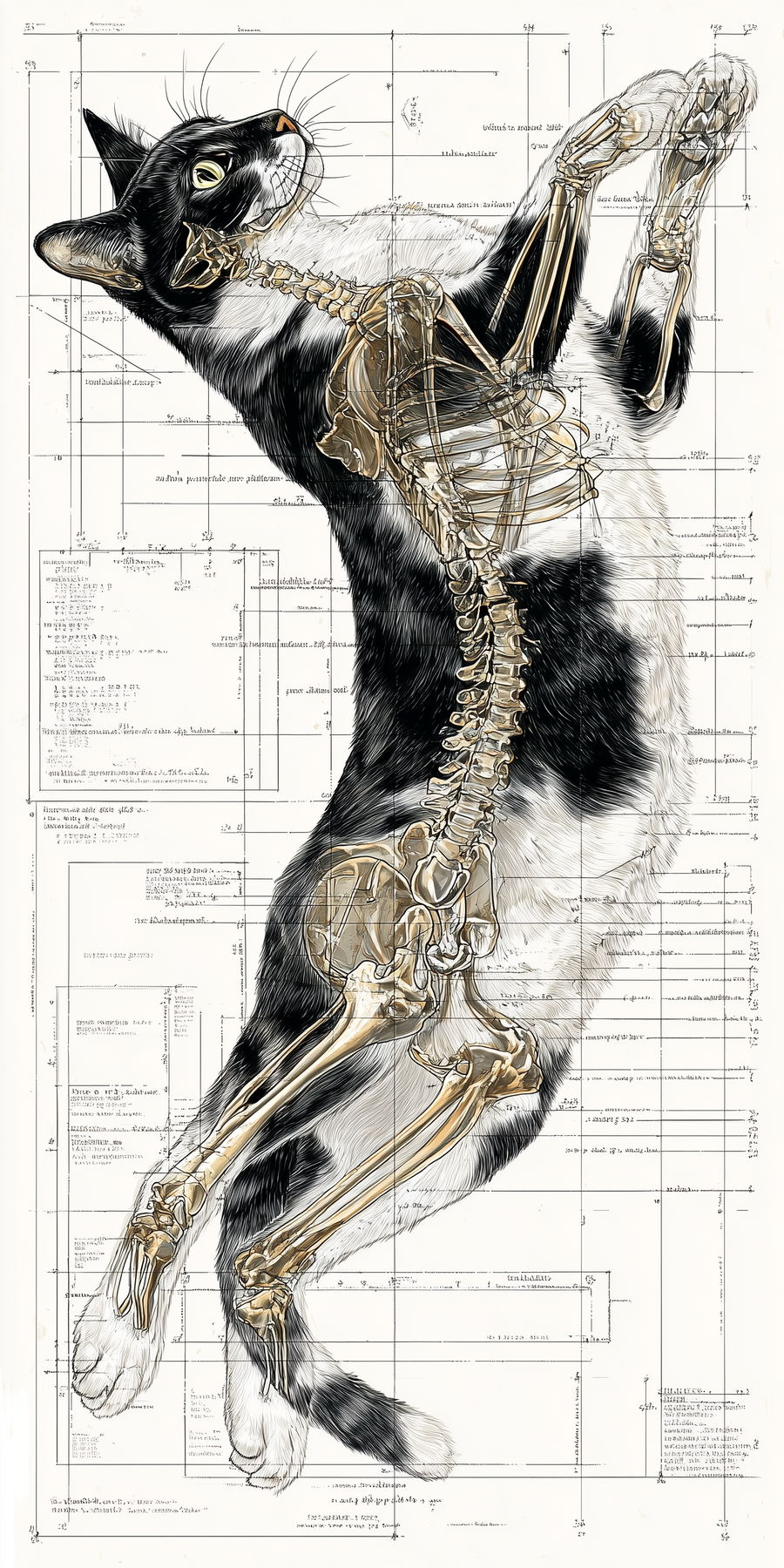 Anatomical diagram of a cat rolling with visible bones