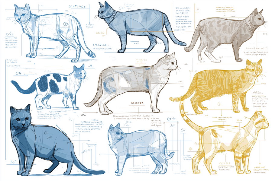 Anatomical cat breed sketches in simplified line art style