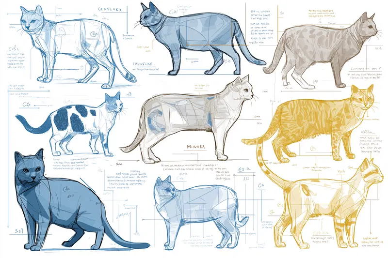 Stylized Cat Breed Anatomy Study Sheet for Biology Education