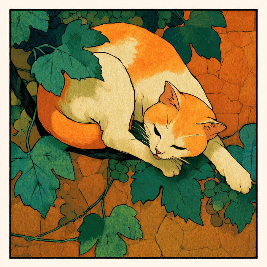 Simple cat resting under vine, inspired by Franz Marc