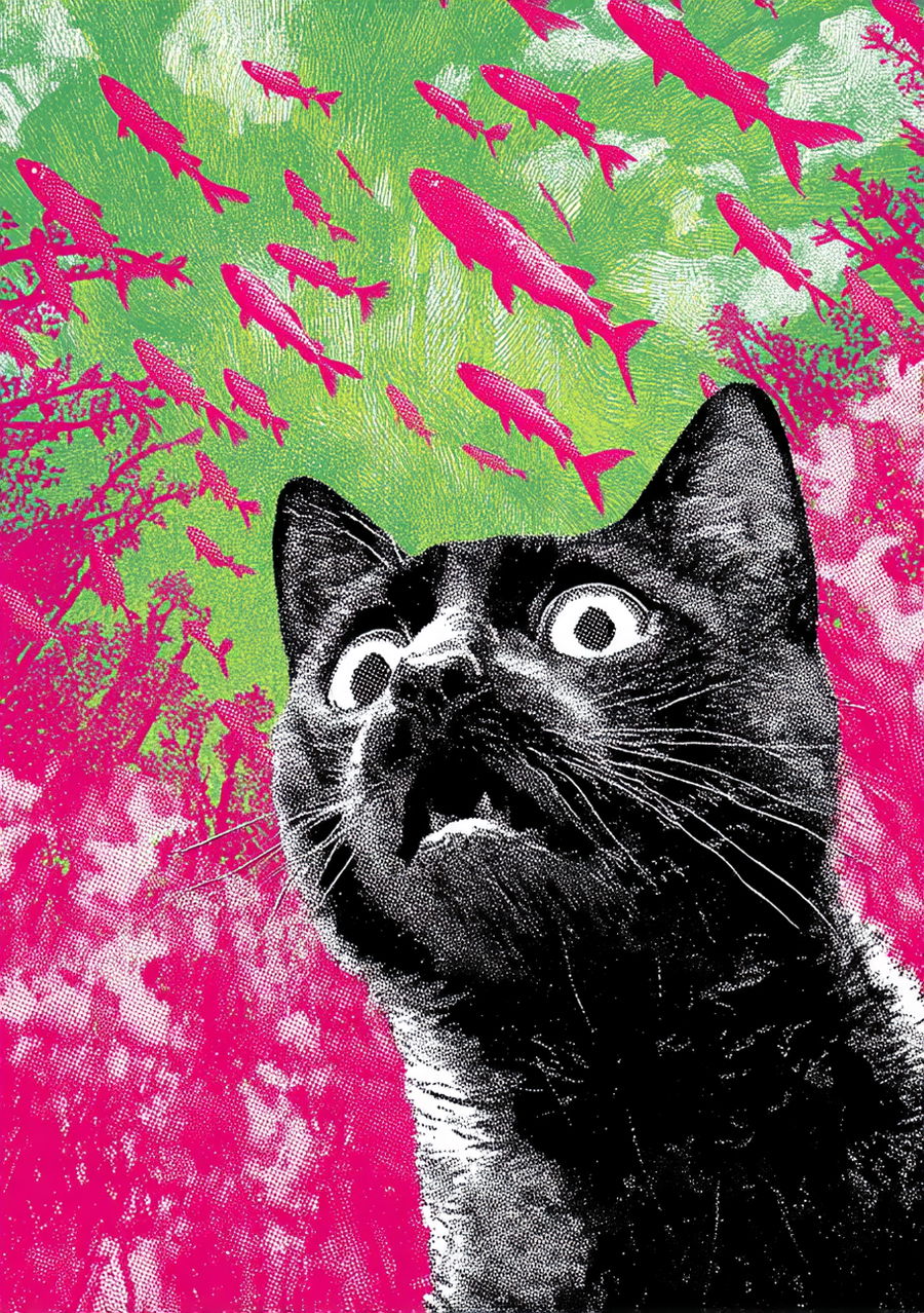 Shocked black-eyed cat with pink fish raining from green sky